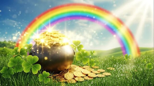 St Patrick's Day Pot of Gold Rainbow Clover Field