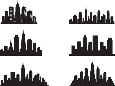 Modern urban city skyline collection set with skyscraper building outlines, featuring diverse architecture like modern, towers, bridges, and houses presented in a panoramic
