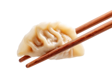 Dumpling held by chopsticks with pleated wrapper and juicy filling detail isolated on transparent background.
