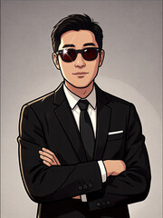 Confident man in black suit white shirt black tie and sunglasses arms crossed standing against gray background formal attire stylish professional serious expression