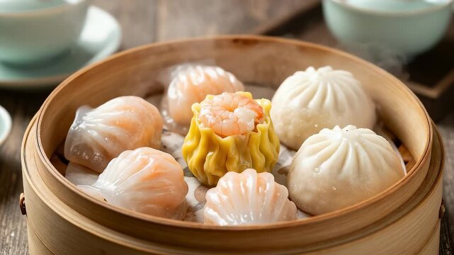 Authentic steaming assorted Chinese dim sum in bamboo steamer close up