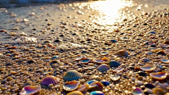 Colorful seashells on a sandy beach at sunset