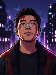 Wounded young man with blood on face and bandage on nose stands in city at night, neon lights glowing, urban atmosphere, determined expression, dramatic mood