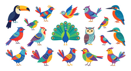 Fototapeta premium Colorful bird collection standing, flying, and perching