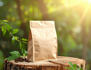 Neutral kraft coffee bag mockup on wooden stump in peaceful outdoor setting. Blank, eco friendly paper package for branding shines under warm morning sunlight with green background