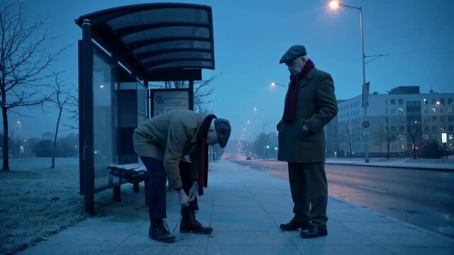 Two men wait at a bus stop in cold weather early in the morning