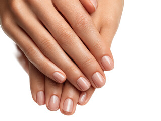 Manicured female hands gently stacked with natural skin tones and neat nails isolated on transparent background.
