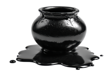 Black cauldron pot filled with glossy dark liquid and a slight spill at the rim isolated on transparent background.

