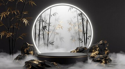 Premium 3D Black and Gold Product Podium with Zen Bamboo, Glowing Neon Ring, and Foggy Atmosphere for Luxury Brand Display