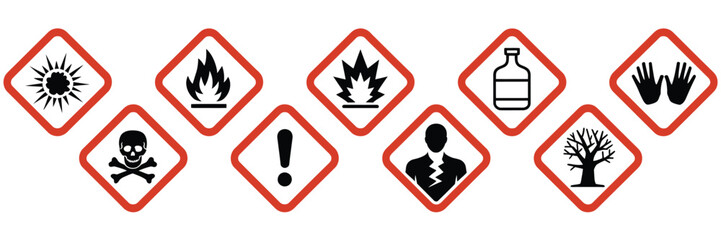 Hazard warning alert danger symbols in red white diamond set, transparent background illustration for chemical hazards, industrial safety signage, risk identification, and global harmonized system use