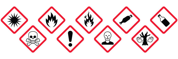 Ghs hazard warning alert danger symbols in red white diamond set, transparent background safety icons for chemical risk communication, industrial labeling, regulatory compliance, and hazard awareness.