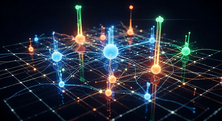 Abstract Visualization of Data Connection with Colorful Nodes and Lines Representing Neural Network and Artificial Intelligence Technology 150char