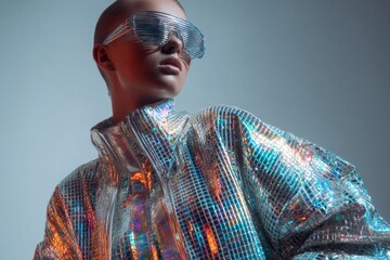 Model poses in futuristic holographic attire with shining reflections in a modern studio setting during a creative photoshoot Generative AI