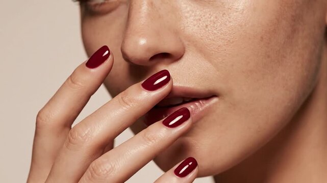 Women of Hispanic descent display red nail art and hand gestures. The close-up shots reveal elegant nail designs against a plain background. This shows the art of manicure and self-expression