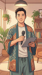 Young man holding microphone and tablet, wearing patterned kimono, standing in cozy living room with plants, bookshelf, and warm lighting, expressing confidence and calm