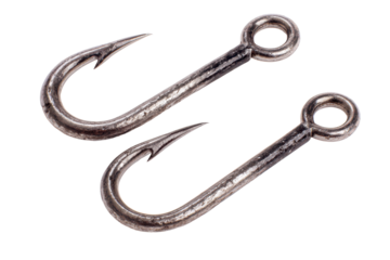 Pair of large fishing hooks with sharp barbs and polished metal finish isolated on transparent background.
