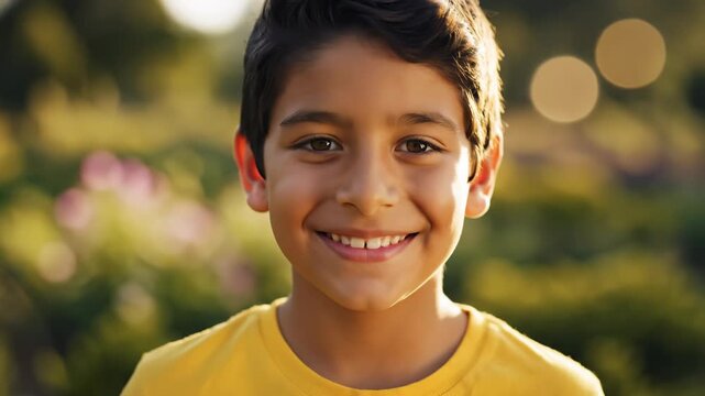 Young hispanic boy smiling brightly in a sunlit garden with vibrant flowers and soft background bokeh