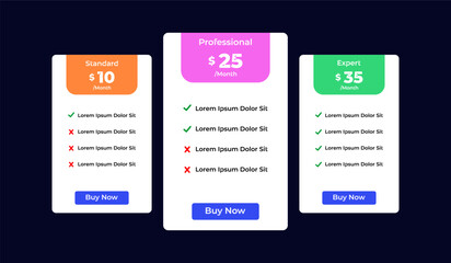 3 column comparison price chart template design for web business