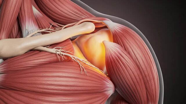Anatomical illustration of human shoulder muscles and bone structure