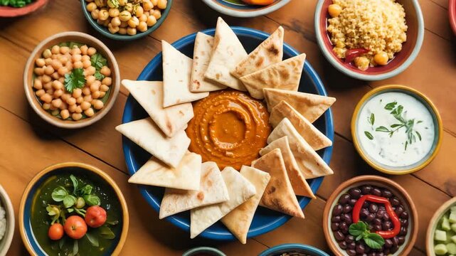 Vibrant Middle Eastern feast with pita bread and dips on wooden table