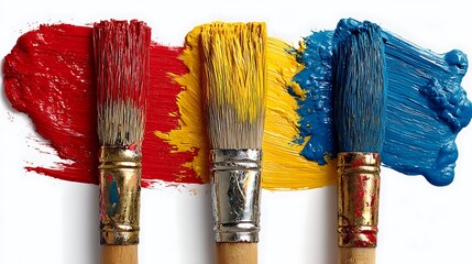 Three paint brushes creating vibrant primary color strokes across a white surface