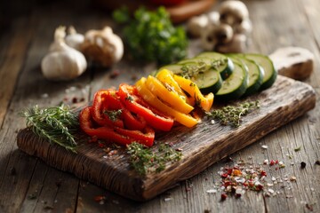 Freshly sliced vegetables on wooden cutting board in kitchen setting with herbs during afternoon cooking time Generative AI