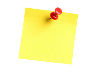 Close-up view of a yellow sticky note pinned to a surface with a red push pin