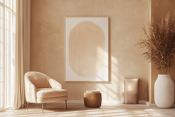Neutral living room with framed abstract art and soft daylight.