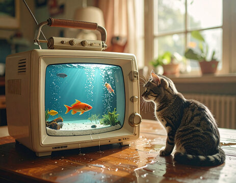 Surreal vintage 1960s television set turned into a fish tank with goldfish and water leaking onto a wooden table while a cat watches