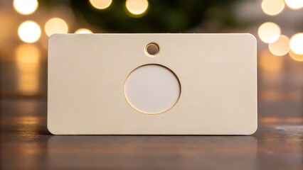 A white rectangular device with a circular indentation on a reflective surface