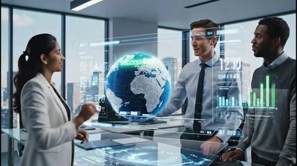 Business team and professionals analyzing data driven growth analytics with futuristic digital interface, global strategy, modern office teamwork, innovation, technology, and professional - Powered by Adobe