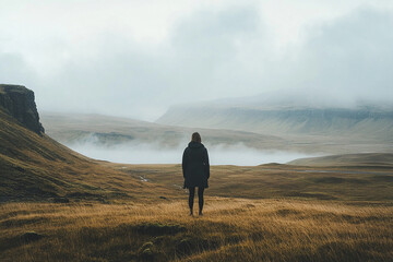person stands alone in an open landscape with hills and low fog.