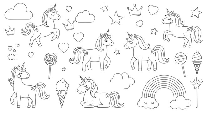 Cute collection of unicorn-themed line art icons for coloring pages including unicorns rainbows clouds stars and other magic items.