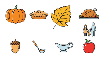 Set of colorful Thanksgiving day icons including a pumpkin pie turkey and autumn leaf for holiday celebration designs.