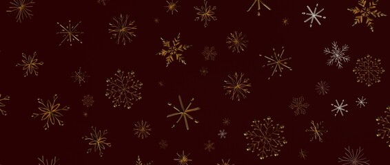 Festive background with golden snowflakes on a rich burgundy backdrop, perfect for holiday greetings and winter designs. © vegefox.com