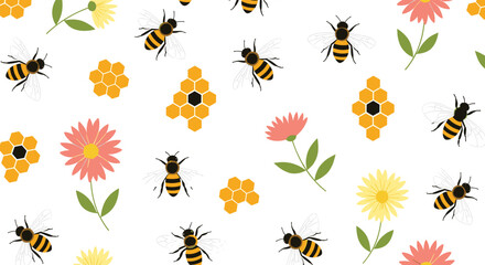 Obraz premium A cute and charming seamless pattern featuring bees honeycombs and colorful flowers perfect for spring or summer backgrounds.