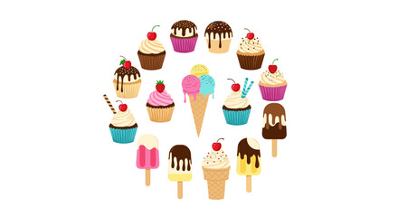 Obraz premium A delightful collection of colorful ice creams cupcakes and popsicles arranged in a circle for a sweet summer treat design.