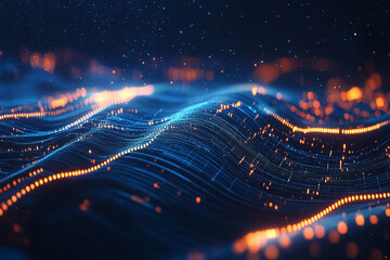 futuristic digital landscape showing flowing data waves with glowing signal paths