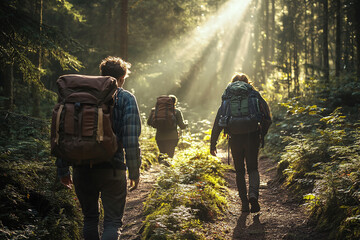 Three hikers walk along a forest trail with backpacks in early sunlight.
