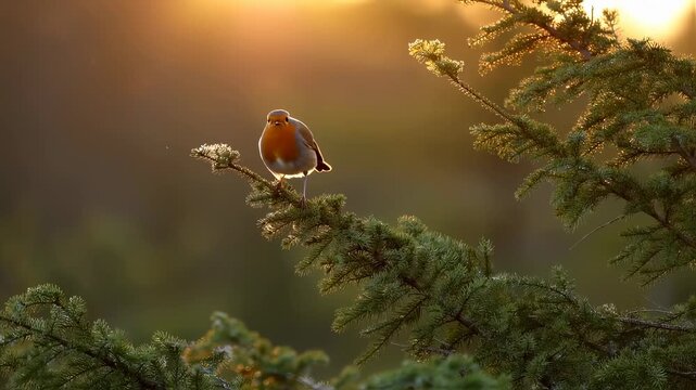 A bird perches on a tree branch, illuminated by the soft golden light of sunset. The bird and the natural surroundings create a tranquil scene filled with peaceful serenity.