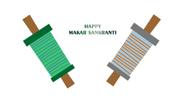 Two colorful illustrated kite string spools, or firki, for the Indian Makar Sankranti festival.