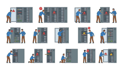 IT technician troubleshooting server error in data center