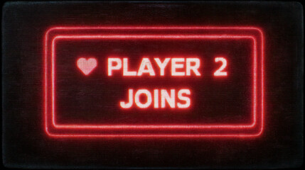 Digital love letters valentine style glowing neon sign with heart symbol and player 2 joins message in red light on black background