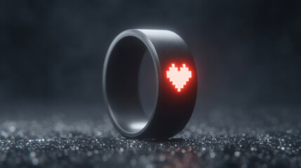 Digital love letters valentine concept with black ring showing pixel heart glowing on dark surface