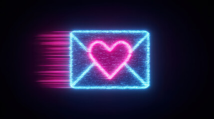 Digital glowing envelope with love heart symbol and valentine letters flying fast in neon style on dark background