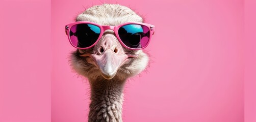 Ostrich head close up wearing vibrant pink sunglasses with reflective blue lenses Solid pink background