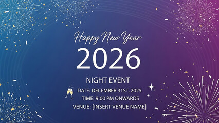 A vibrant New Year's Eve invitation with fireworks and confetti