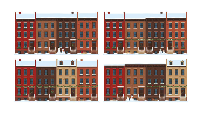 Winter cityscape with decorated brownstone townhouses and snowmen