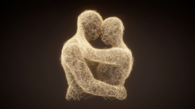 Digital love expressed in glowing letters forms valentine embrace between two figures made of light and connection