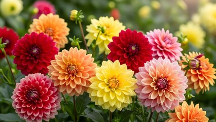 Fototapeta premium Vibrant Dahlia Flowers in Bloom, Colorful Garden Display, Fresh Floral Arrangement